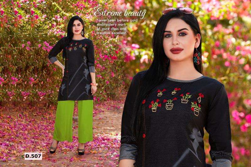 MANN BY HONEY 501 TO 510 SERIES BEAUTIFUL COLORFUL STYLISH FANCY CASUAL WEAR & ETHNIC WEAR & READY TO WEAR SILKY DENIM KURTIS AT WHOLESALE PRICE
