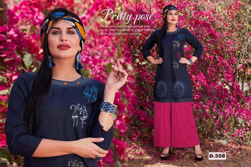 MANN BY HONEY 501 TO 510 SERIES BEAUTIFUL COLORFUL STYLISH FANCY CASUAL WEAR & ETHNIC WEAR & READY TO WEAR SILKY DENIM KURTIS AT WHOLESALE PRICE