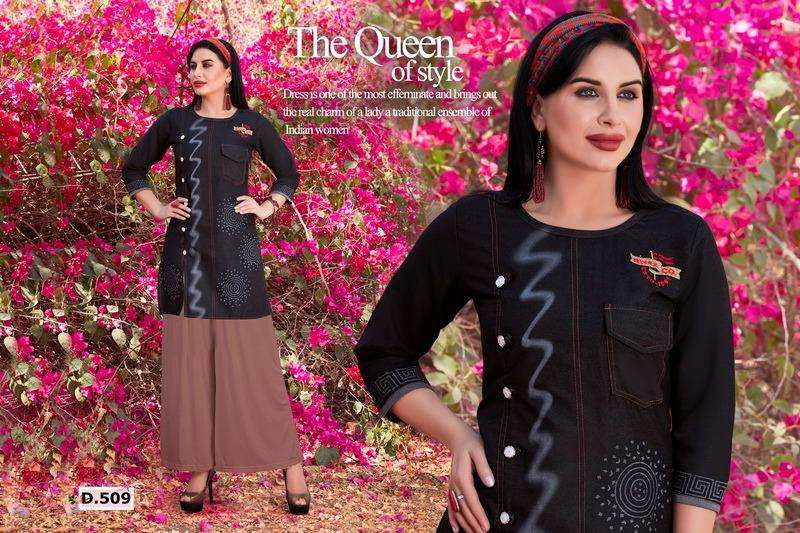 MANN BY HONEY 501 TO 510 SERIES BEAUTIFUL COLORFUL STYLISH FANCY CASUAL WEAR & ETHNIC WEAR & READY TO WEAR SILKY DENIM KURTIS AT WHOLESALE PRICE