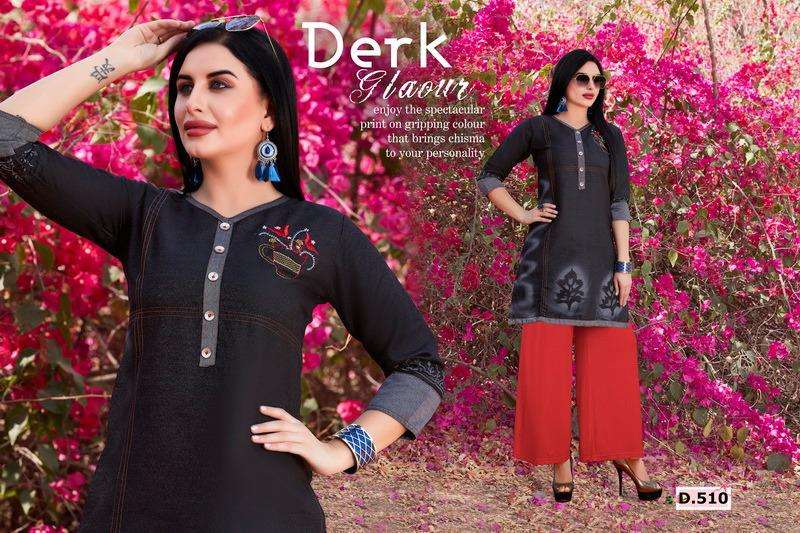 MANN BY HONEY 501 TO 510 SERIES BEAUTIFUL COLORFUL STYLISH FANCY CASUAL WEAR & ETHNIC WEAR & READY TO WEAR SILKY DENIM KURTIS AT WHOLESALE PRICE