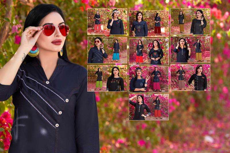 MANN BY HONEY 501 TO 510 SERIES BEAUTIFUL COLORFUL STYLISH FANCY CASUAL WEAR & ETHNIC WEAR & READY TO WEAR SILKY DENIM KURTIS AT WHOLESALE PRICE