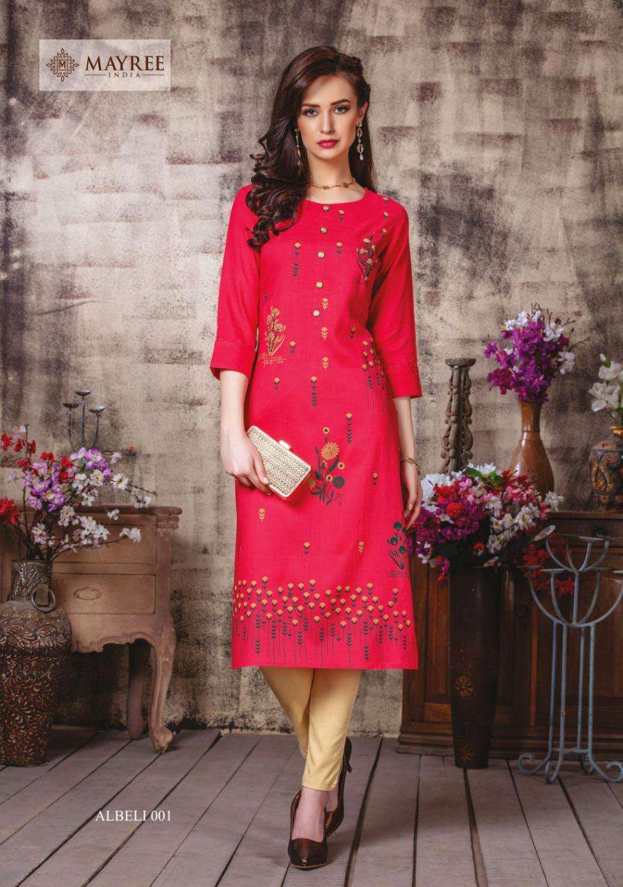 ALBELI BY MAYREE 001 TO 006 SERIES BEAUTIFUL COLORFUL STYLISH FANCY CASUAL WEAR & ETHNIC WEAR & READY TO WEAR REAYON PRINTEDKURTIS AT WHOLESALE PRICE