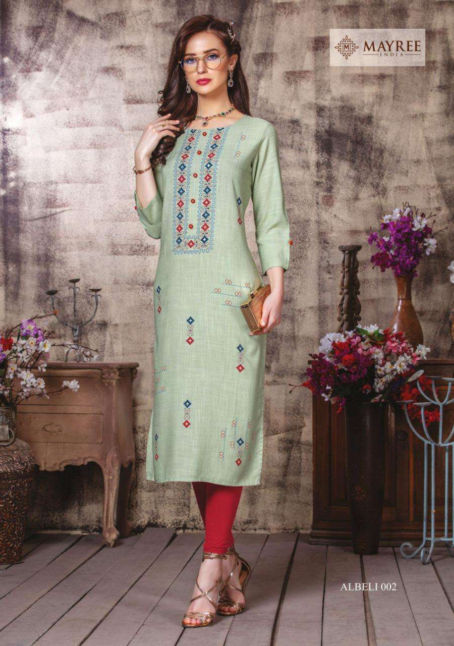 ALBELI BY MAYREE 001 TO 006 SERIES BEAUTIFUL COLORFUL STYLISH FANCY CASUAL WEAR & ETHNIC WEAR & READY TO WEAR REAYON PRINTEDKURTIS AT WHOLESALE PRICE