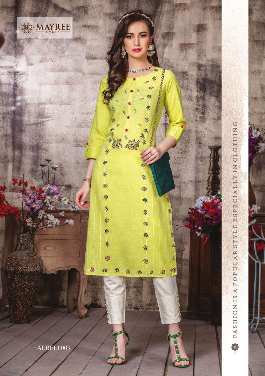 ALBELI BY MAYREE 001 TO 006 SERIES BEAUTIFUL COLORFUL STYLISH FANCY CASUAL WEAR & ETHNIC WEAR & READY TO WEAR REAYON PRINTEDKURTIS AT WHOLESALE PRICE