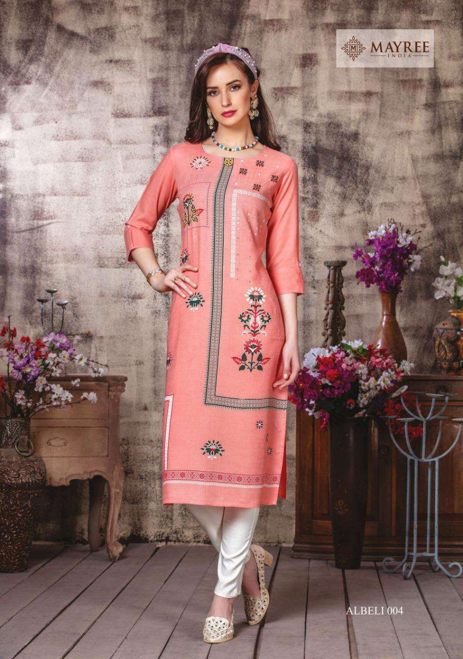 ALBELI BY MAYREE 001 TO 006 SERIES BEAUTIFUL COLORFUL STYLISH FANCY CASUAL WEAR & ETHNIC WEAR & READY TO WEAR REAYON PRINTEDKURTIS AT WHOLESALE PRICE