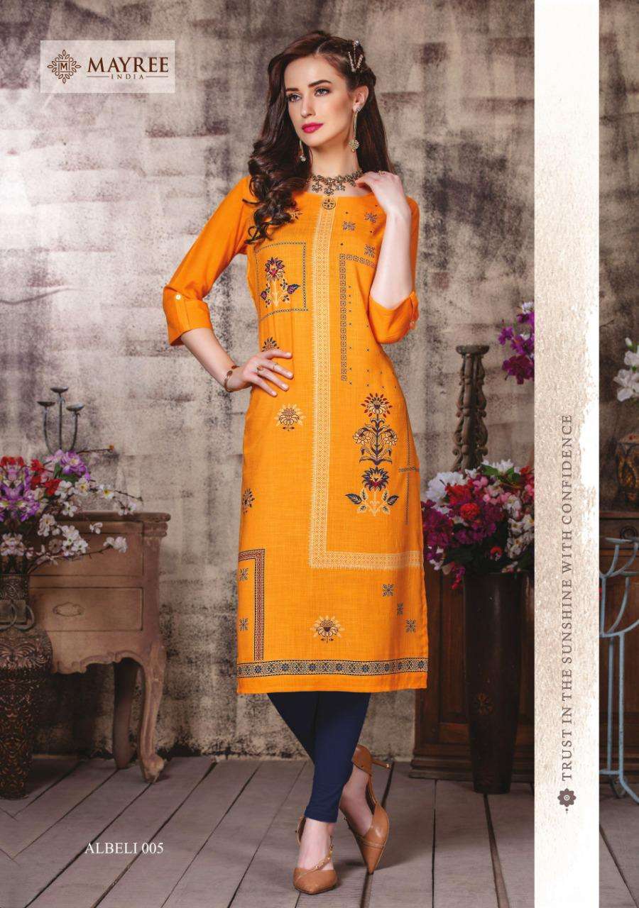 ALBELI BY MAYREE 001 TO 006 SERIES BEAUTIFUL COLORFUL STYLISH FANCY CASUAL WEAR & ETHNIC WEAR & READY TO WEAR REAYON PRINTEDKURTIS AT WHOLESALE PRICE