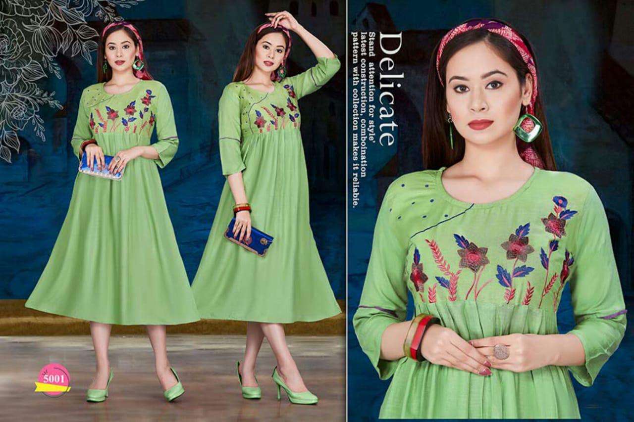 SPRING BY SHRIYA 5001 TO 5012 SERIES BEAUTIFUL COLORFUL STYLISH FANCY CASUAL WEAR & ETHNIC WEAR & READY TO WEAR RAYON WITH EMBROIDERY KURTIS AT WHOLESALE PRICE