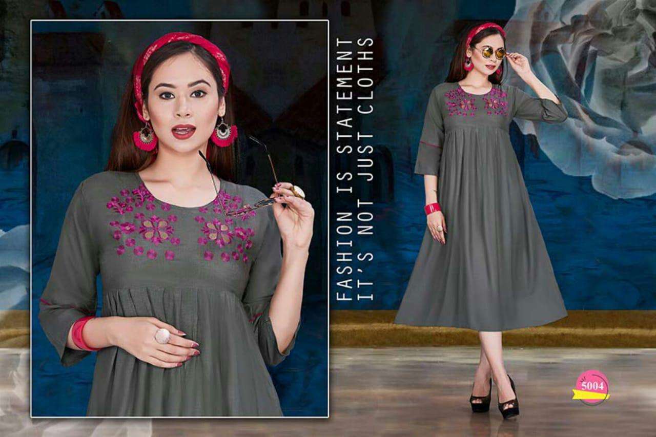 SPRING BY SHRIYA 5001 TO 5012 SERIES BEAUTIFUL COLORFUL STYLISH FANCY CASUAL WEAR & ETHNIC WEAR & READY TO WEAR RAYON WITH EMBROIDERY KURTIS AT WHOLESALE PRICE