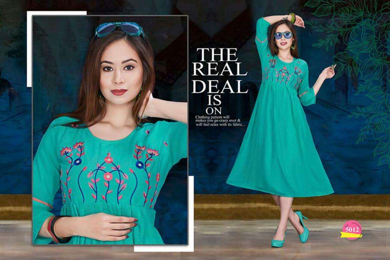 SPRING BY SHRIYA 5001 TO 5012 SERIES BEAUTIFUL COLORFUL STYLISH FANCY CASUAL WEAR & ETHNIC WEAR & READY TO WEAR RAYON WITH EMBROIDERY KURTIS AT WHOLESALE PRICE