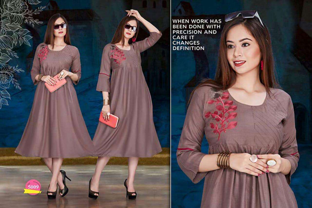 SPRING BY SHRIYA 5001 TO 5012 SERIES BEAUTIFUL COLORFUL STYLISH FANCY CASUAL WEAR & ETHNIC WEAR & READY TO WEAR RAYON WITH EMBROIDERY KURTIS AT WHOLESALE PRICE