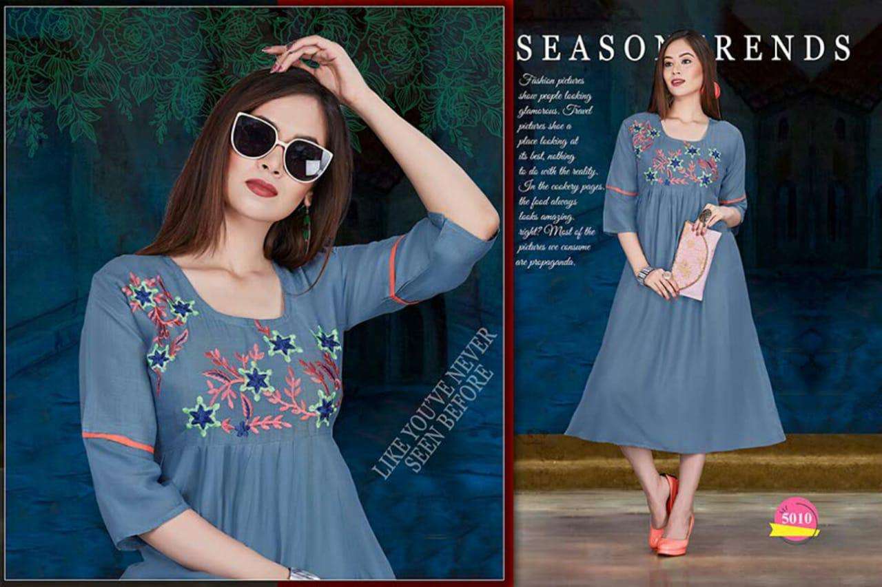 SPRING BY SHRIYA 5001 TO 5012 SERIES BEAUTIFUL COLORFUL STYLISH FANCY CASUAL WEAR & ETHNIC WEAR & READY TO WEAR RAYON WITH EMBROIDERY KURTIS AT WHOLESALE PRICE