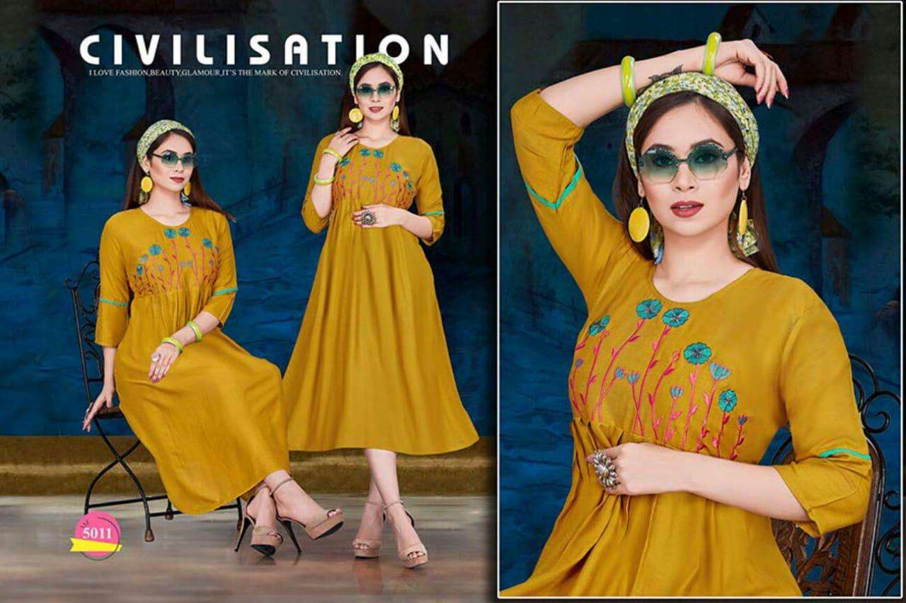SPRING BY SHRIYA 5001 TO 5012 SERIES BEAUTIFUL COLORFUL STYLISH FANCY CASUAL WEAR & ETHNIC WEAR & READY TO WEAR RAYON WITH EMBROIDERY KURTIS AT WHOLESALE PRICE