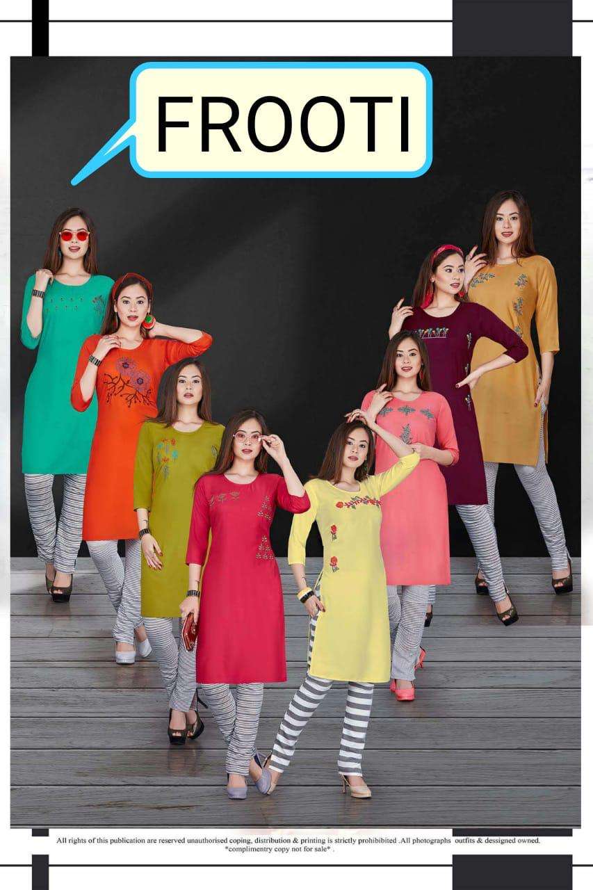 FROOTI BY SHRIYA 7001 TO 7008 SERIES BEAUTIFUL COLORFUL STYLISH FANCY CASUAL WEAR & ETHNIC WEAR & READY TO WEAR RAYON PRINTED KURTIS AT WHOLESALE PRICE