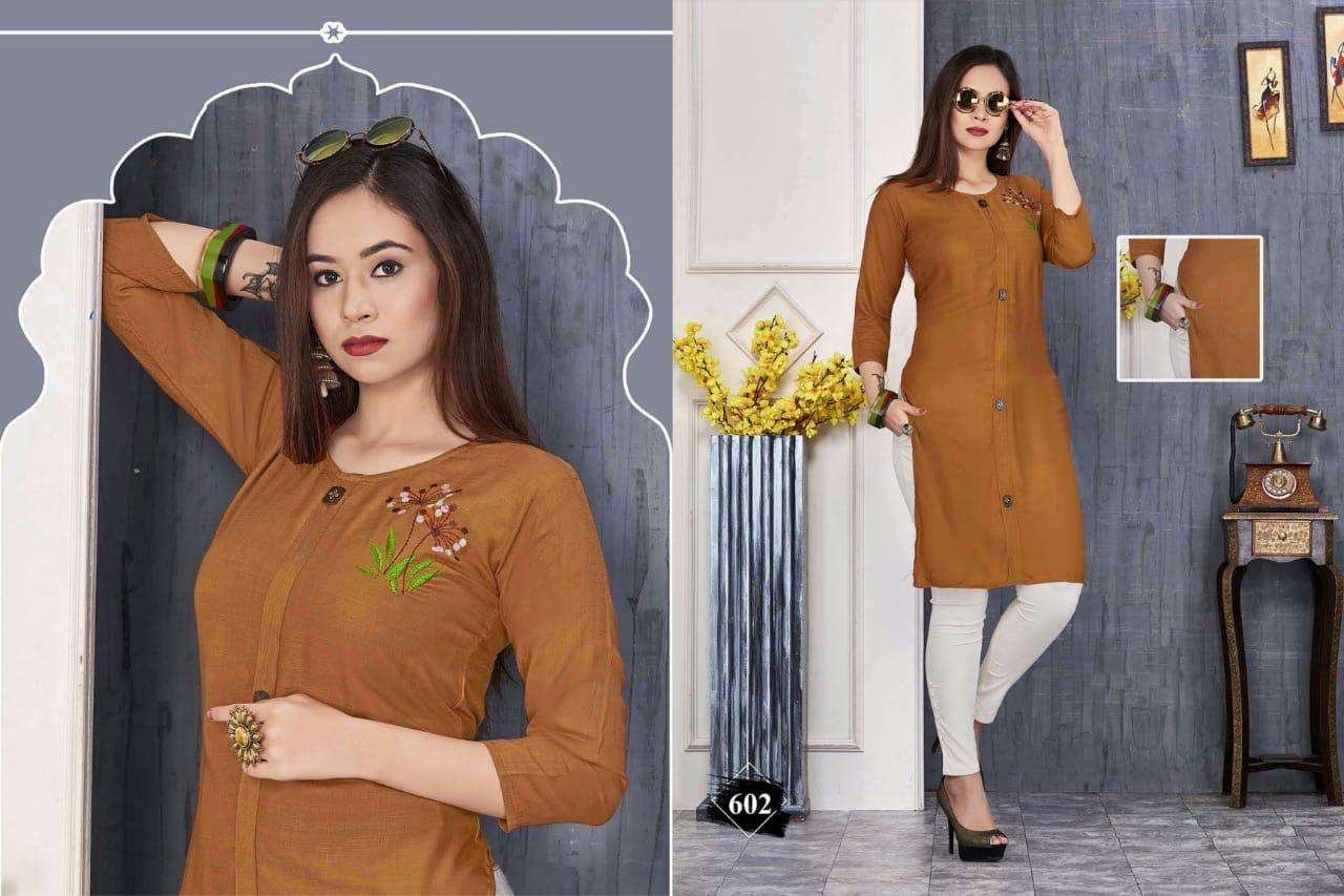 JESSICA BY SHRIYA 601 TO 611 SERIES BEAUTIFUL COLORFUL STYLISH FANCY CASUAL WEAR & ETHNIC WEAR & READY TO WEAR RAYON SLUB PRINTED KURTIS AT WHOLESALE PRICE