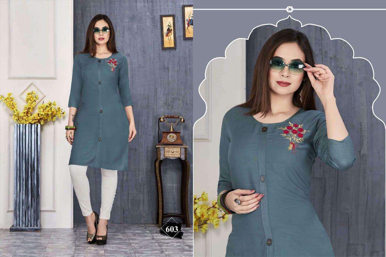 JESSICA BY SHRIYA 601 TO 611 SERIES BEAUTIFUL COLORFUL STYLISH FANCY CASUAL WEAR & ETHNIC WEAR & READY TO WEAR RAYON SLUB PRINTED KURTIS AT WHOLESALE PRICE