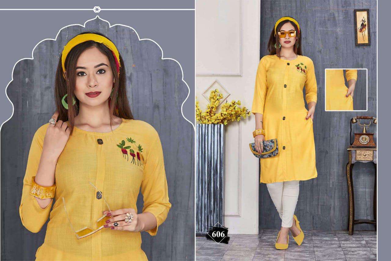 JESSICA BY SHRIYA 601 TO 611 SERIES BEAUTIFUL COLORFUL STYLISH FANCY CASUAL WEAR & ETHNIC WEAR & READY TO WEAR RAYON SLUB PRINTED KURTIS AT WHOLESALE PRICE
