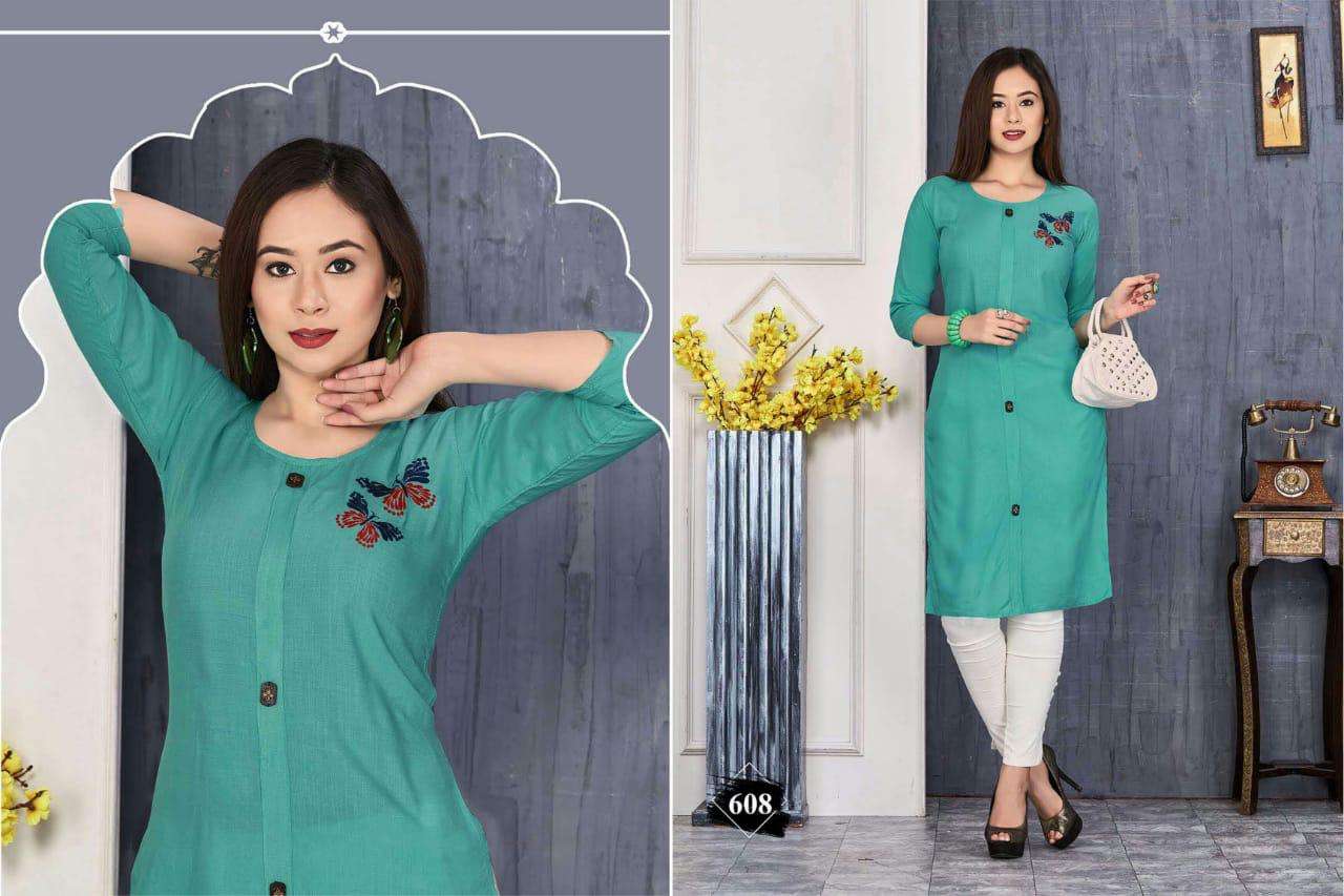JESSICA BY SHRIYA 601 TO 611 SERIES BEAUTIFUL COLORFUL STYLISH FANCY CASUAL WEAR & ETHNIC WEAR & READY TO WEAR RAYON SLUB PRINTED KURTIS AT WHOLESALE PRICE