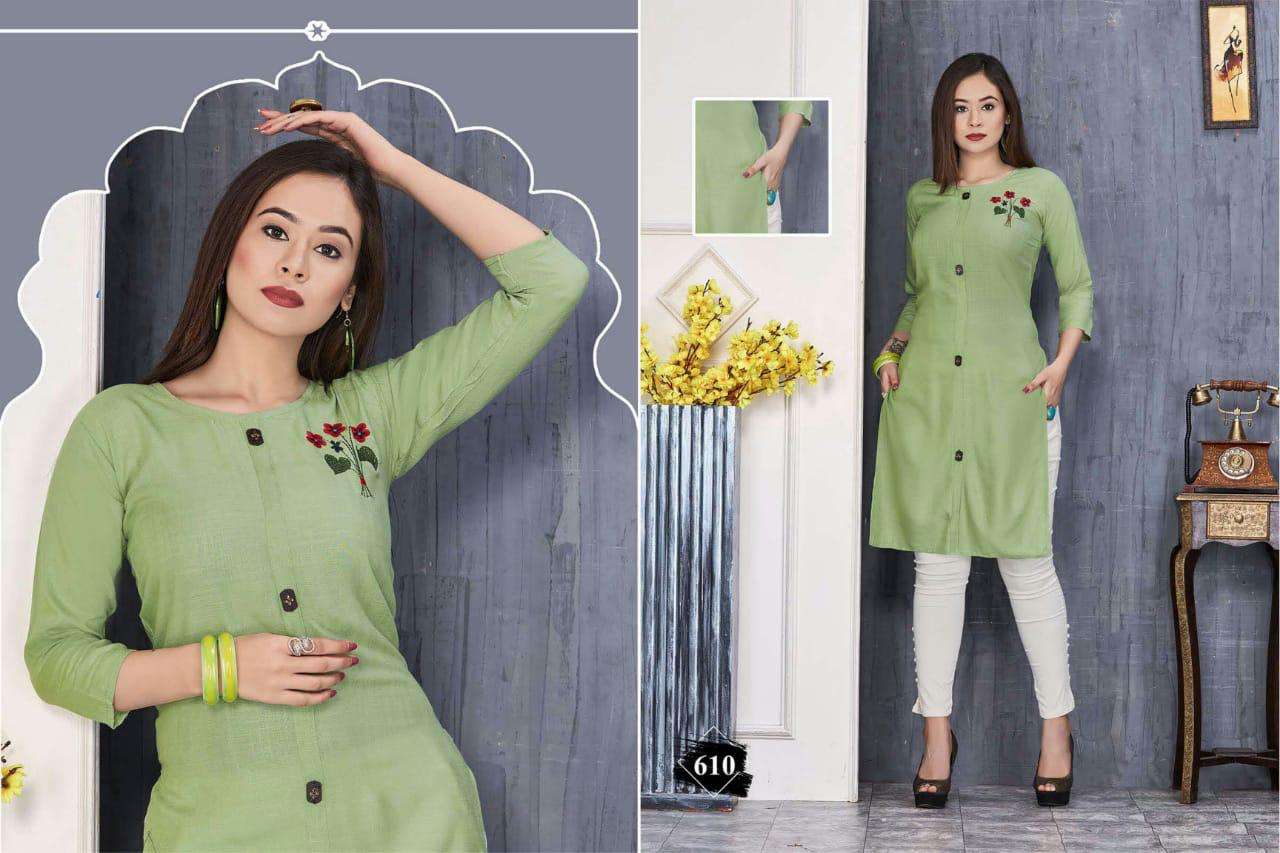 JESSICA BY SHRIYA 601 TO 611 SERIES BEAUTIFUL COLORFUL STYLISH FANCY CASUAL WEAR & ETHNIC WEAR & READY TO WEAR RAYON SLUB PRINTED KURTIS AT WHOLESALE PRICE