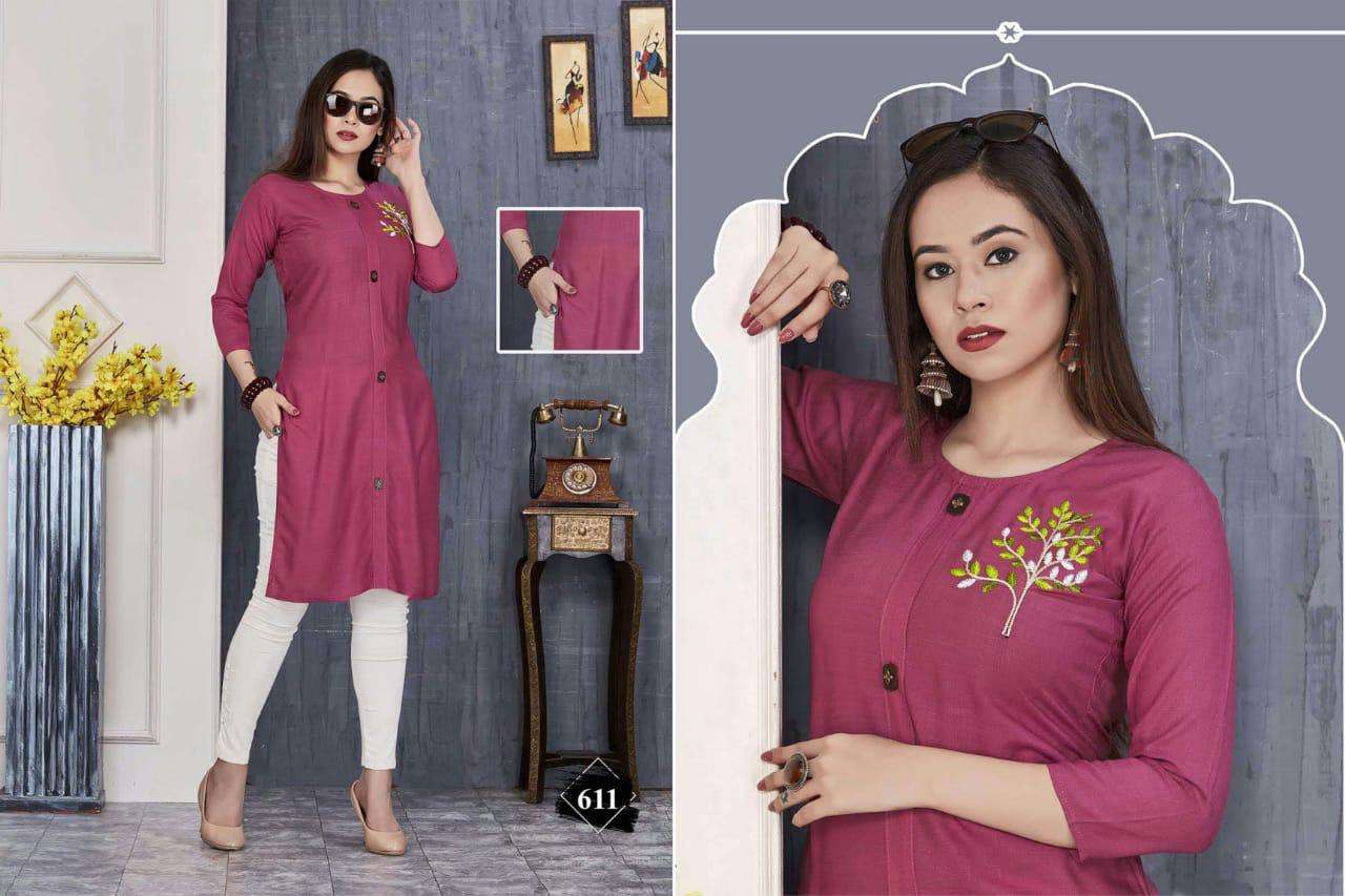 JESSICA BY SHRIYA 601 TO 611 SERIES BEAUTIFUL COLORFUL STYLISH FANCY CASUAL WEAR & ETHNIC WEAR & READY TO WEAR RAYON SLUB PRINTED KURTIS AT WHOLESALE PRICE