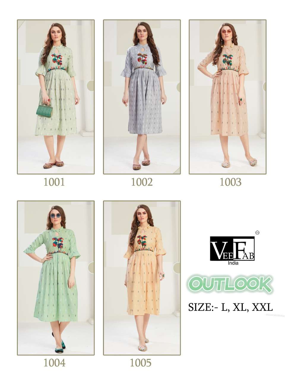 OUTLOOK BY VEE FAB 1001 TO 1005 SERIES BEAUTIFUL COLORFUL STYLISH FANCY CASUAL WEAR & ETHNIC WEAR & READY TO WEAR HEAVY SOUTH COTTON KURTIS AT WHOLESALE PRICE