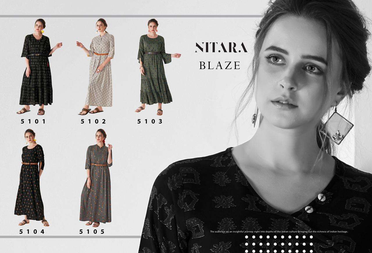 BLAZE BY NITARA 5101 TO 5105 SERIES STYLISH BEAUTIFUL COLORFUL FANCY CASUAL WEAR & ETHNIC WEAR RAYON 14 KG GOWNS AT WHOLESALE PRICE