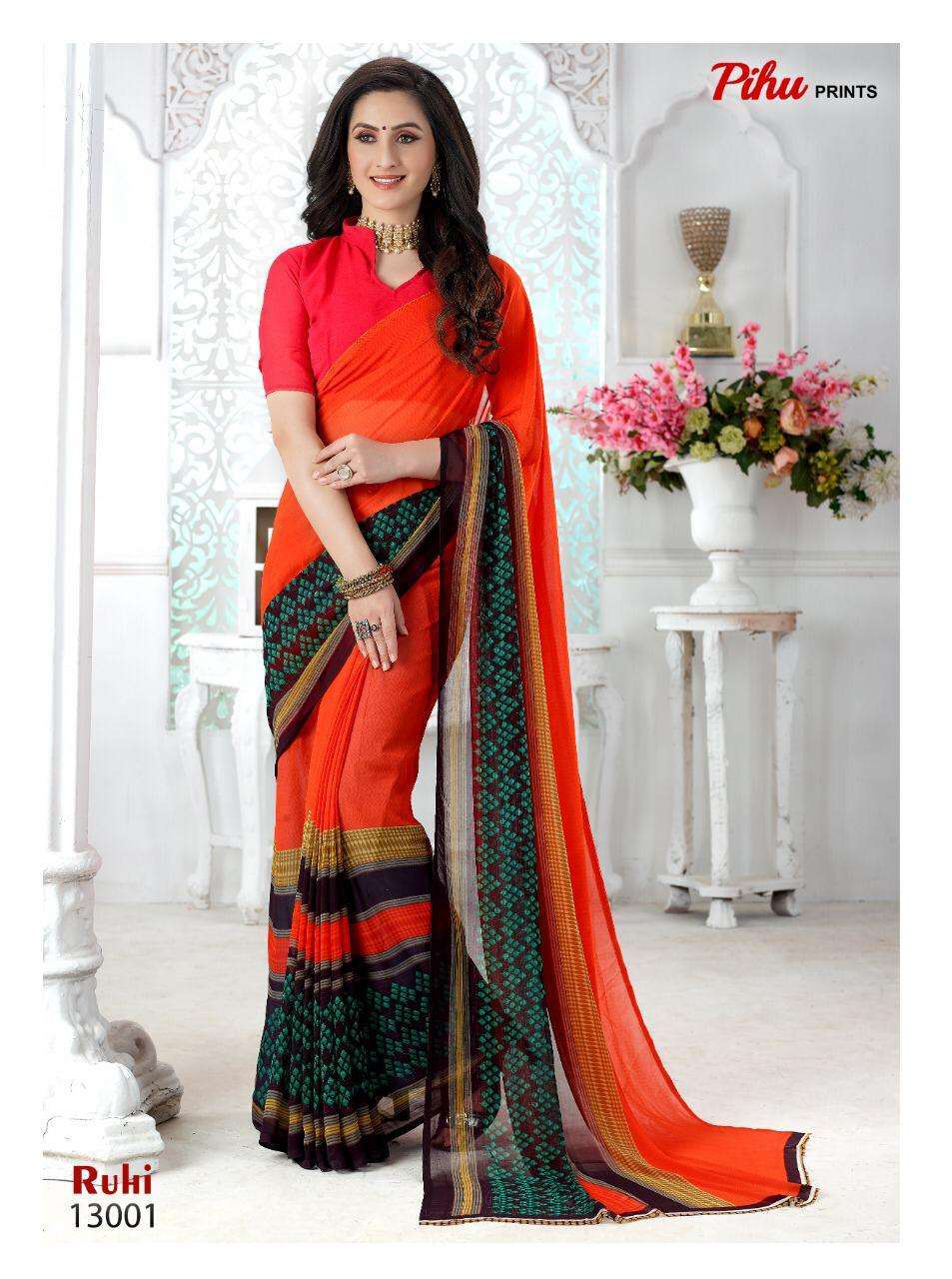 RUHI BY PIHU 13001 TO 13018 SERIES INDIAN TRADITIONAL WEAR COLLECTION BEAUTIFUL STYLISH FANCY COLORFUL PARTY WEAR & OCCASIONAL WEAR KAKKU DIGITAL GEORGETTE SAREES AT WHOLESALE PRICE