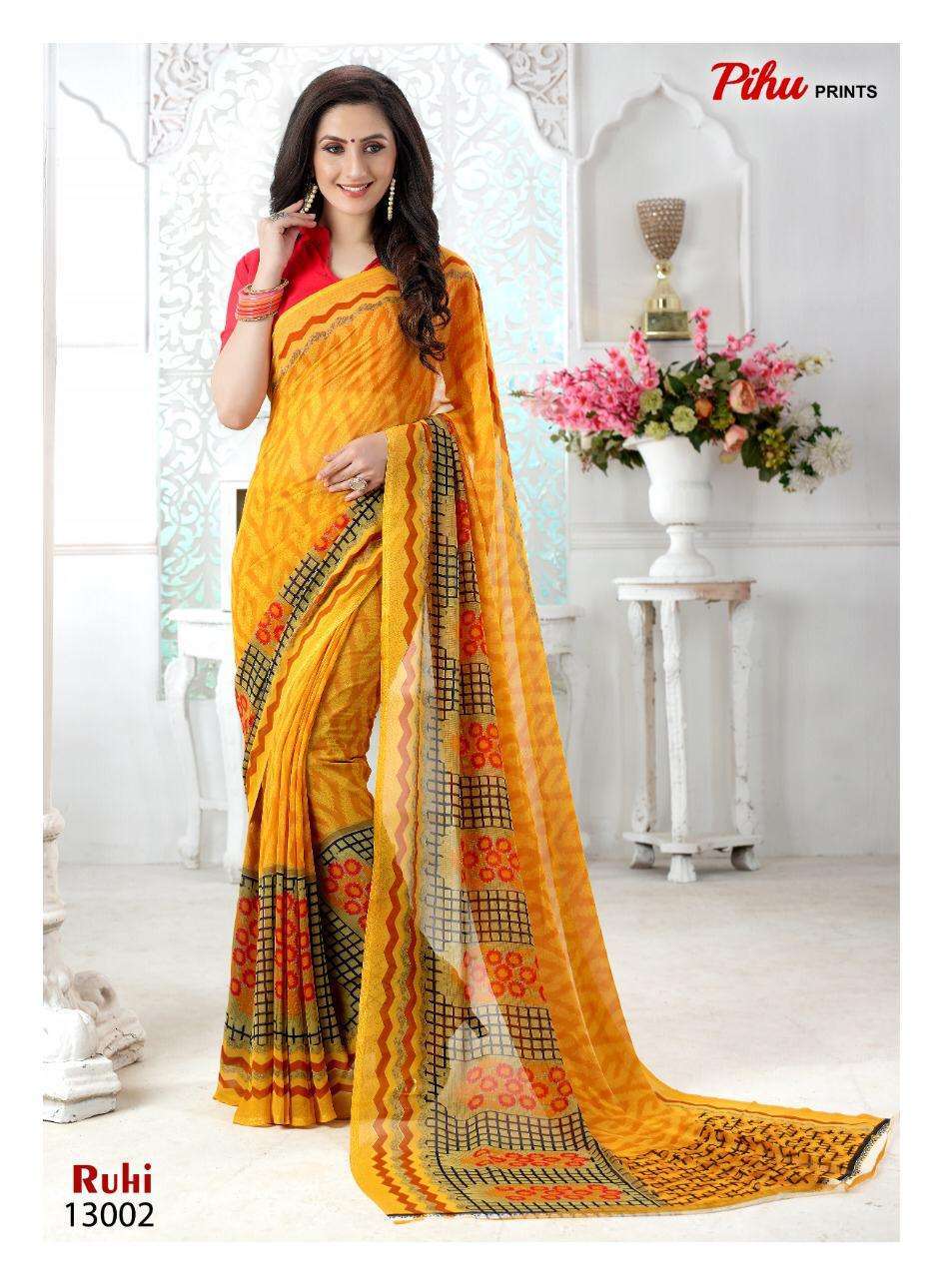 RUHI BY PIHU 13001 TO 13018 SERIES INDIAN TRADITIONAL WEAR COLLECTION BEAUTIFUL STYLISH FANCY COLORFUL PARTY WEAR & OCCASIONAL WEAR KAKKU DIGITAL GEORGETTE SAREES AT WHOLESALE PRICE