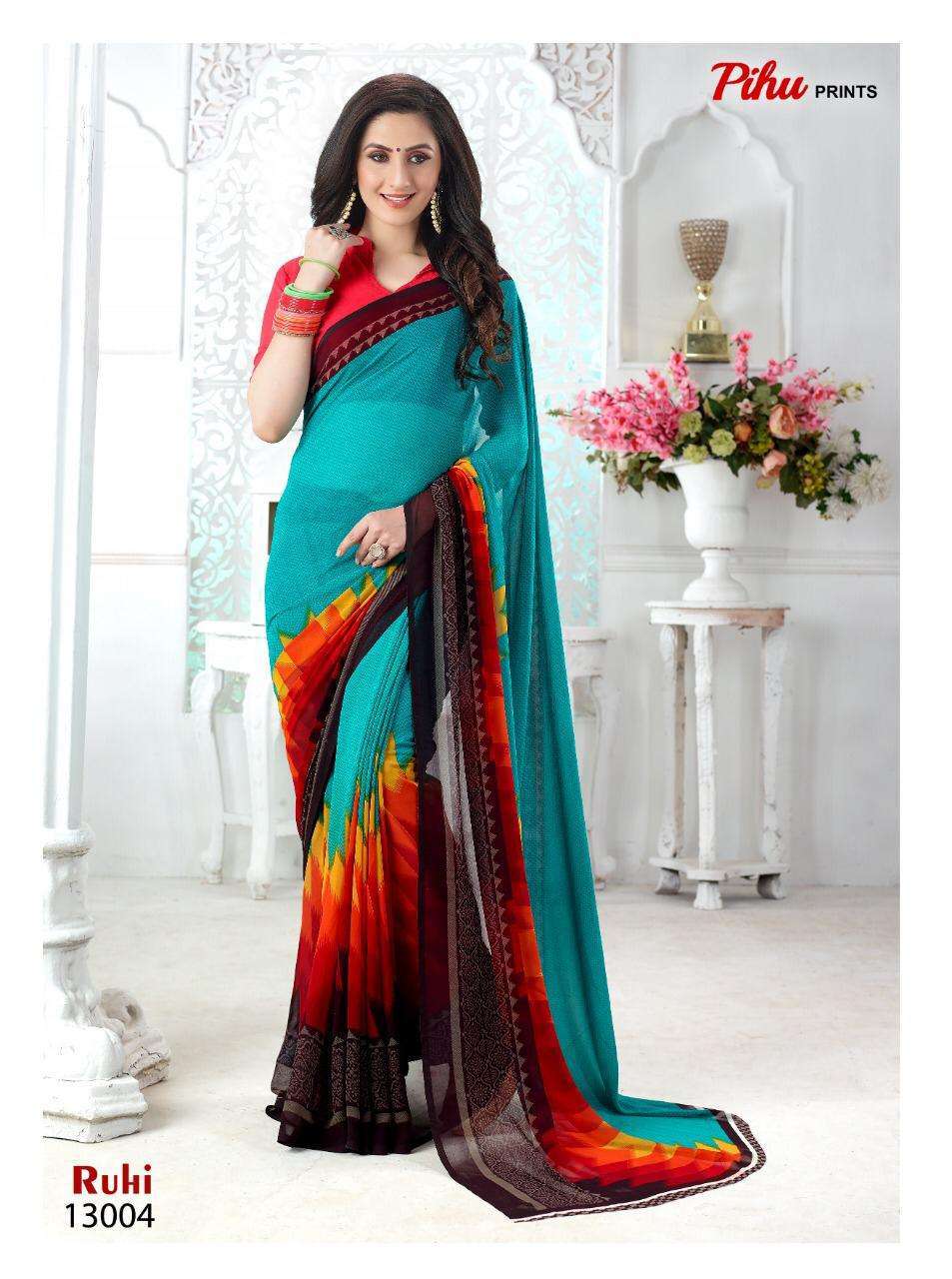RUHI BY PIHU 13001 TO 13018 SERIES INDIAN TRADITIONAL WEAR COLLECTION BEAUTIFUL STYLISH FANCY COLORFUL PARTY WEAR & OCCASIONAL WEAR KAKKU DIGITAL GEORGETTE SAREES AT WHOLESALE PRICE