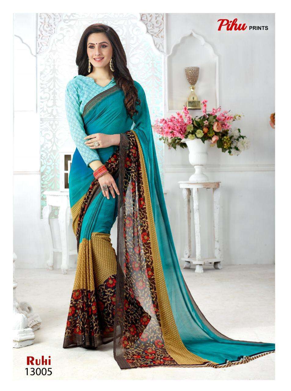 RUHI BY PIHU 13001 TO 13018 SERIES INDIAN TRADITIONAL WEAR COLLECTION BEAUTIFUL STYLISH FANCY COLORFUL PARTY WEAR & OCCASIONAL WEAR KAKKU DIGITAL GEORGETTE SAREES AT WHOLESALE PRICE