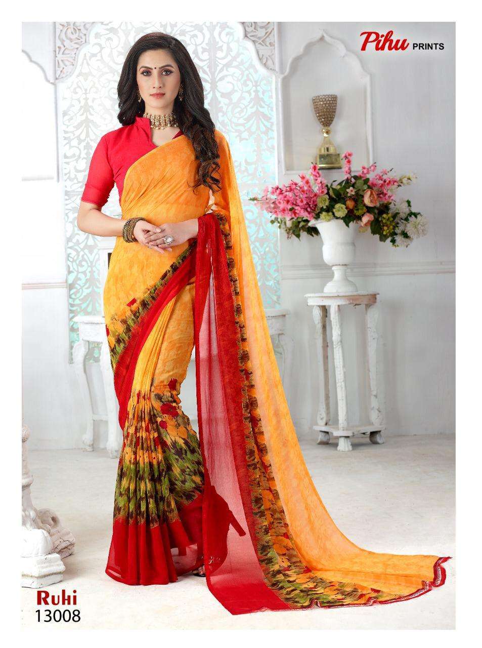 RUHI BY PIHU 13001 TO 13018 SERIES INDIAN TRADITIONAL WEAR COLLECTION BEAUTIFUL STYLISH FANCY COLORFUL PARTY WEAR & OCCASIONAL WEAR KAKKU DIGITAL GEORGETTE SAREES AT WHOLESALE PRICE