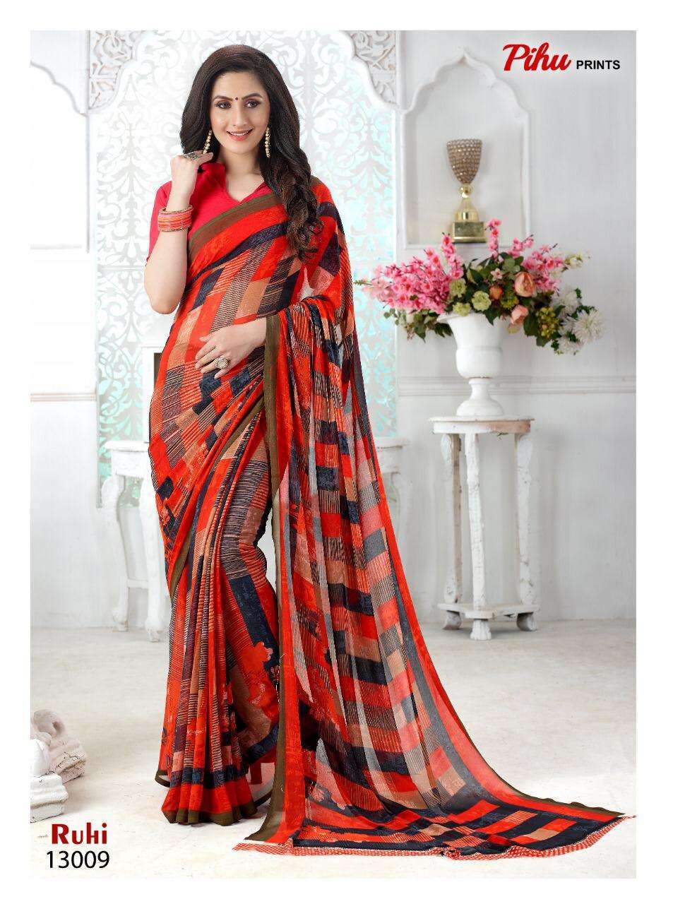 RUHI BY PIHU 13001 TO 13018 SERIES INDIAN TRADITIONAL WEAR COLLECTION BEAUTIFUL STYLISH FANCY COLORFUL PARTY WEAR & OCCASIONAL WEAR KAKKU DIGITAL GEORGETTE SAREES AT WHOLESALE PRICE