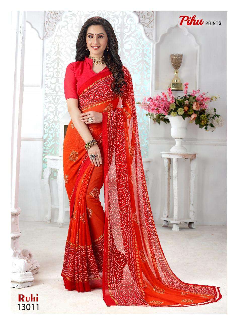 RUHI BY PIHU 13001 TO 13018 SERIES INDIAN TRADITIONAL WEAR COLLECTION BEAUTIFUL STYLISH FANCY COLORFUL PARTY WEAR & OCCASIONAL WEAR KAKKU DIGITAL GEORGETTE SAREES AT WHOLESALE PRICE