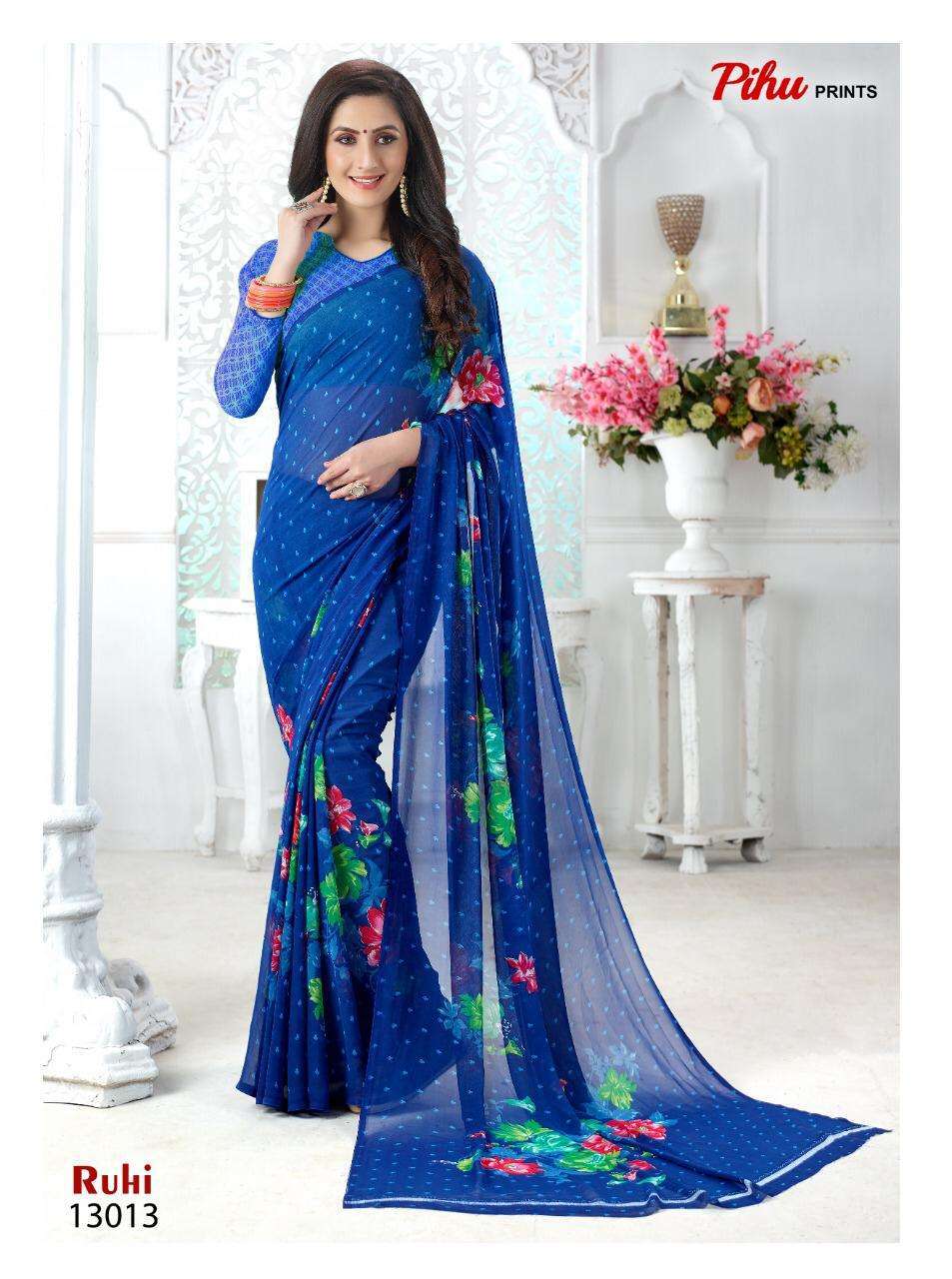 RUHI BY PIHU 13001 TO 13018 SERIES INDIAN TRADITIONAL WEAR COLLECTION BEAUTIFUL STYLISH FANCY COLORFUL PARTY WEAR & OCCASIONAL WEAR KAKKU DIGITAL GEORGETTE SAREES AT WHOLESALE PRICE