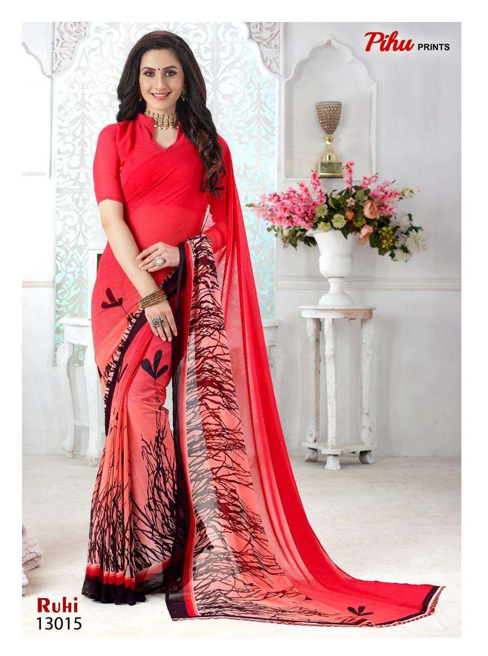 RUHI BY PIHU 13001 TO 13018 SERIES INDIAN TRADITIONAL WEAR COLLECTION BEAUTIFUL STYLISH FANCY COLORFUL PARTY WEAR & OCCASIONAL WEAR KAKKU DIGITAL GEORGETTE SAREES AT WHOLESALE PRICE