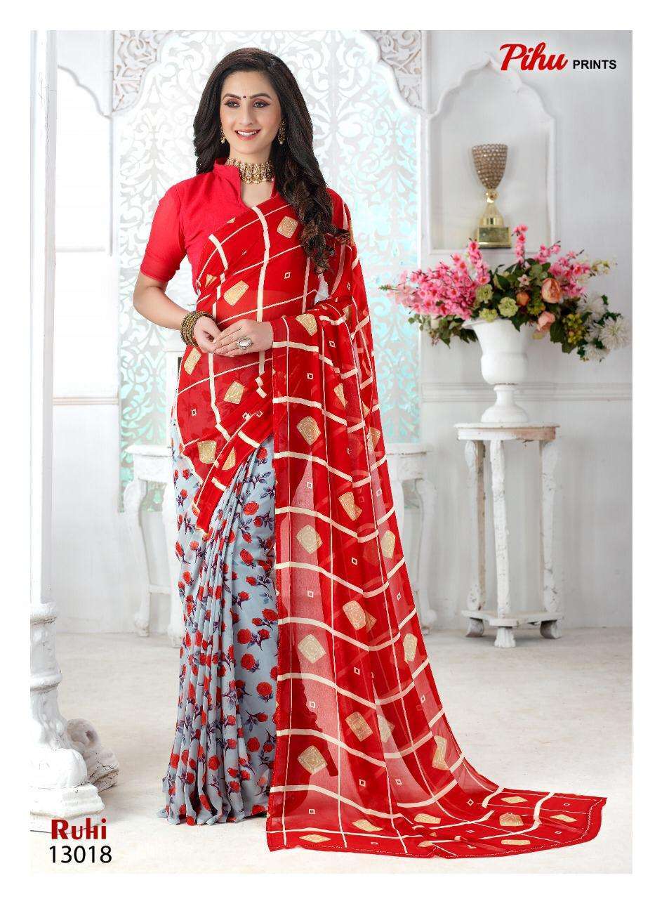 RUHI BY PIHU 13001 TO 13018 SERIES INDIAN TRADITIONAL WEAR COLLECTION BEAUTIFUL STYLISH FANCY COLORFUL PARTY WEAR & OCCASIONAL WEAR KAKKU DIGITAL GEORGETTE SAREES AT WHOLESALE PRICE
