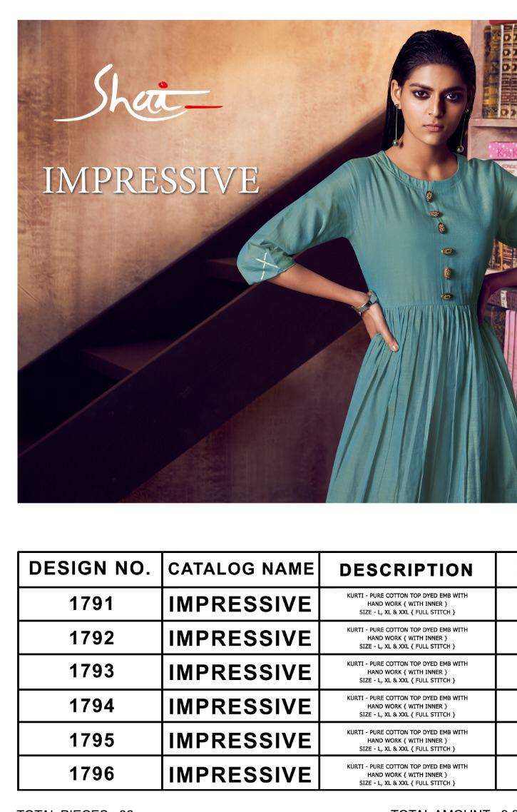 IMPRESSIVE NX BY SHAI 1791 TO 1795 SERIES BEAUTIFUL STYLISH COLORFUL FANCY PARTY WEAR & ETHNIC WEAR & READY TO WEAR PURE COTTON TOP DYED EMBROIDERY KURTIS AT WHOLESALE PRICE