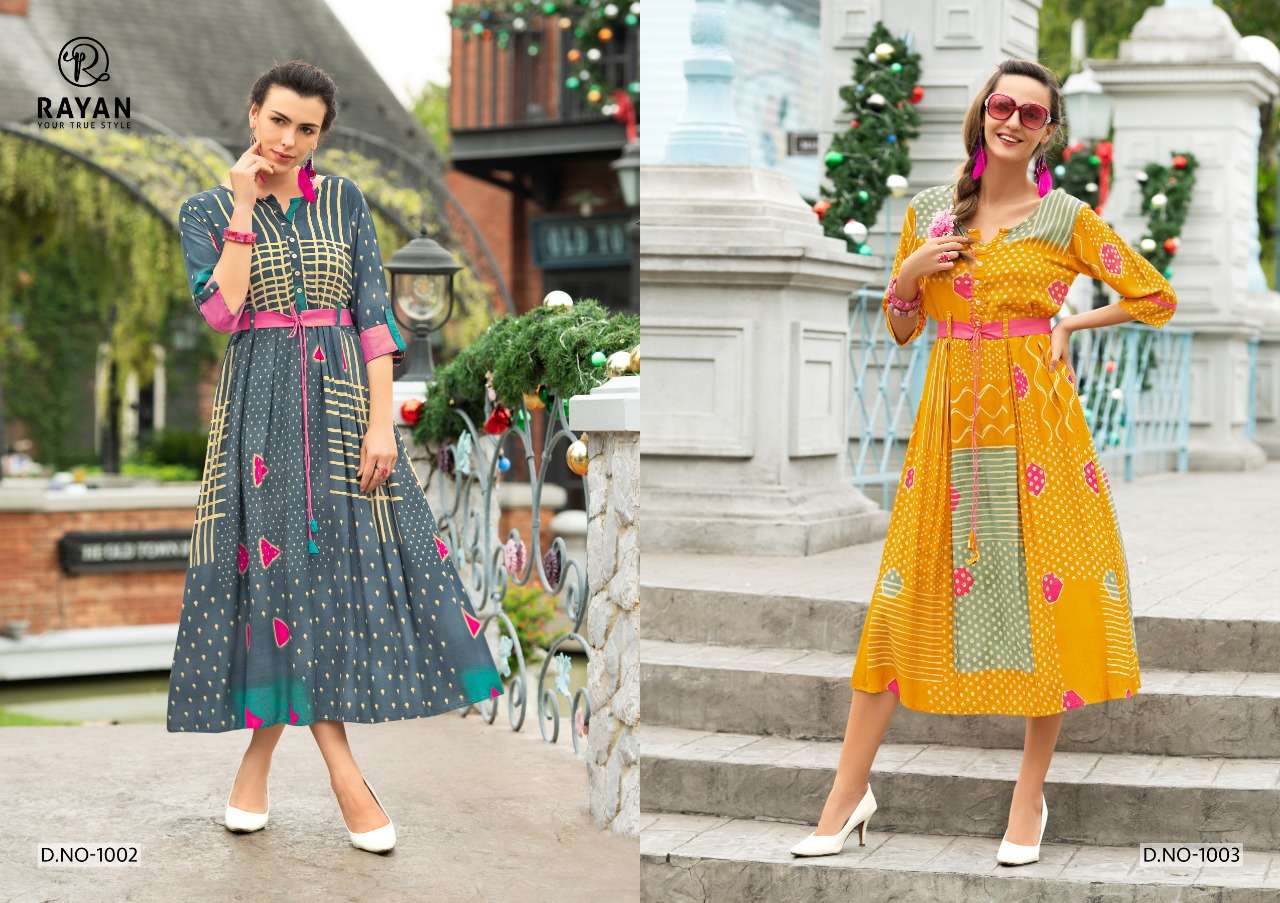 GLORY BY RAYAN 1001 TO 1008 SERIES BEAUTIFUL STYLISH COLORFUL FANCY PARTY WEAR & ETHNIC WEAR & READY TO WEAR RAYON PRINTED KURTIS AT WHOLESALE PRICE