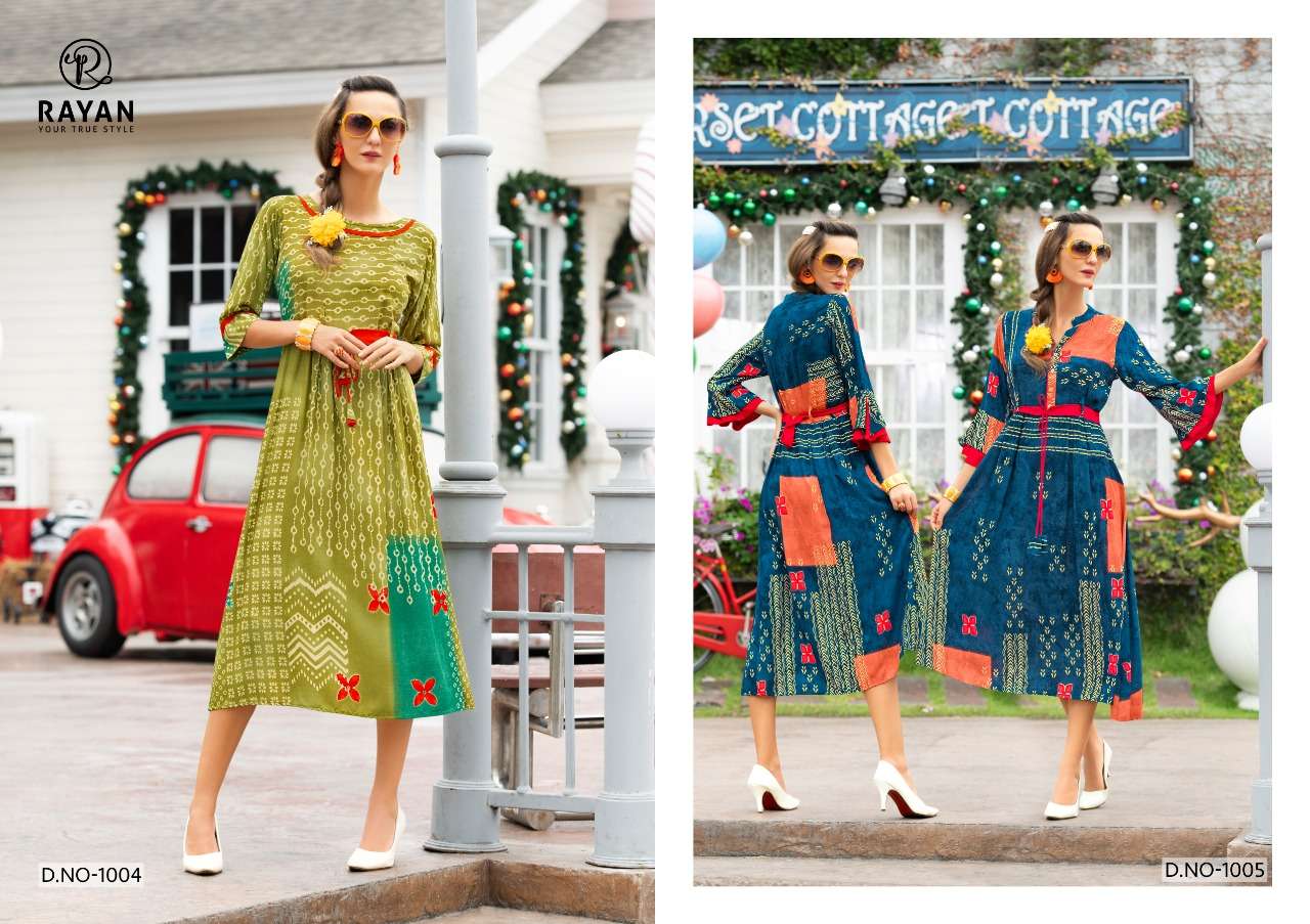 GLORY BY RAYAN 1001 TO 1008 SERIES BEAUTIFUL STYLISH COLORFUL FANCY PARTY WEAR & ETHNIC WEAR & READY TO WEAR RAYON PRINTED KURTIS AT WHOLESALE PRICE