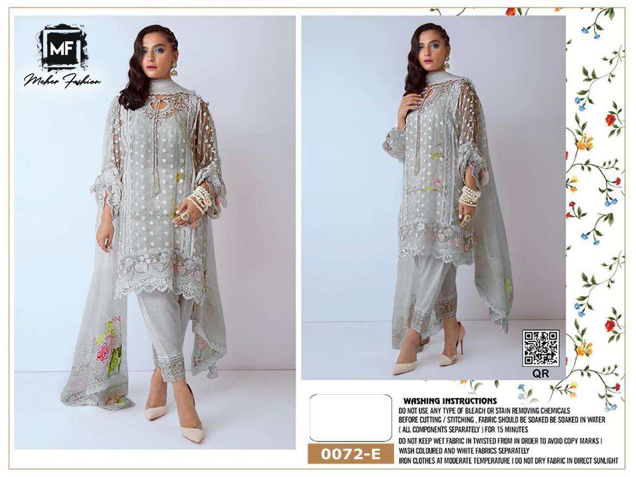 MEHER 0072 COLOURS BY MEHER FASHION 0072-A TO 0072-E SERIES PAKISTANI SUITS BEAUTIFUL FANCY COLORFUL STYLISH PARTY WEAR & OCCASIONAL WEAR NET WITH EMBROIDERY DRESSES AT WHOLESALE PRICE