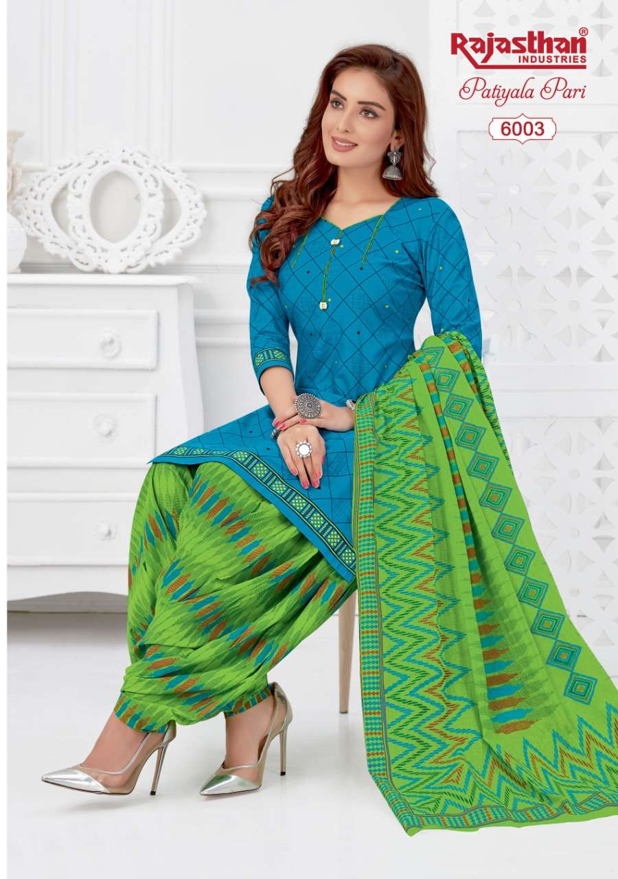 PATIYALA PARI VOL-6 BY RAJASTHAN INDUSTRIES 6001 TO 6018 SERIES BEAUTIFUL PATIYALA SUITS STYLISH FANCY COLORFUL PARTY WEAR & OCCASIONAL WEAR COTTON PRINTED DRESSES AT WHOLESALE PRICE