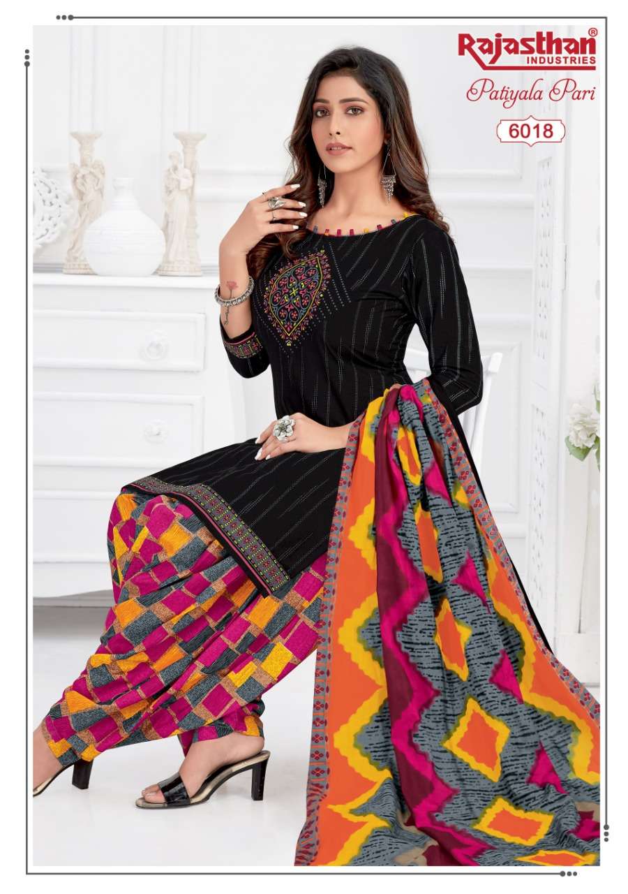 PATIYALA PARI VOL-6 BY RAJASTHAN INDUSTRIES 6001 TO 6018 SERIES BEAUTIFUL PATIYALA SUITS STYLISH FANCY COLORFUL PARTY WEAR & OCCASIONAL WEAR COTTON PRINTED DRESSES AT WHOLESALE PRICE