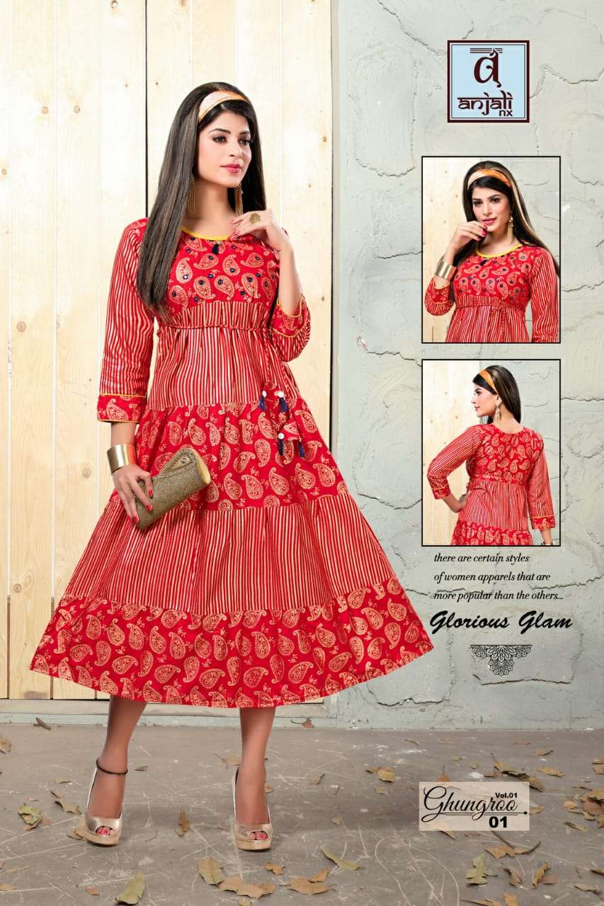 GHUNGROO BY ANJALI NX 01 TO 06 SERIES BEAUTIFUL STYLISH FANCY COLORFUL CASUAL WEAR & ETHNIC WEAR & READY TO WEAR 14 KG RAYON PRINTED KURTIS AT WHOLESALE PRICE