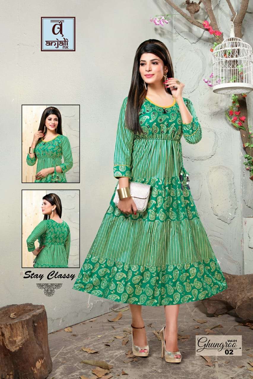 GHUNGROO BY ANJALI NX 01 TO 06 SERIES BEAUTIFUL STYLISH FANCY COLORFUL CASUAL WEAR & ETHNIC WEAR & READY TO WEAR 14 KG RAYON PRINTED KURTIS AT WHOLESALE PRICE