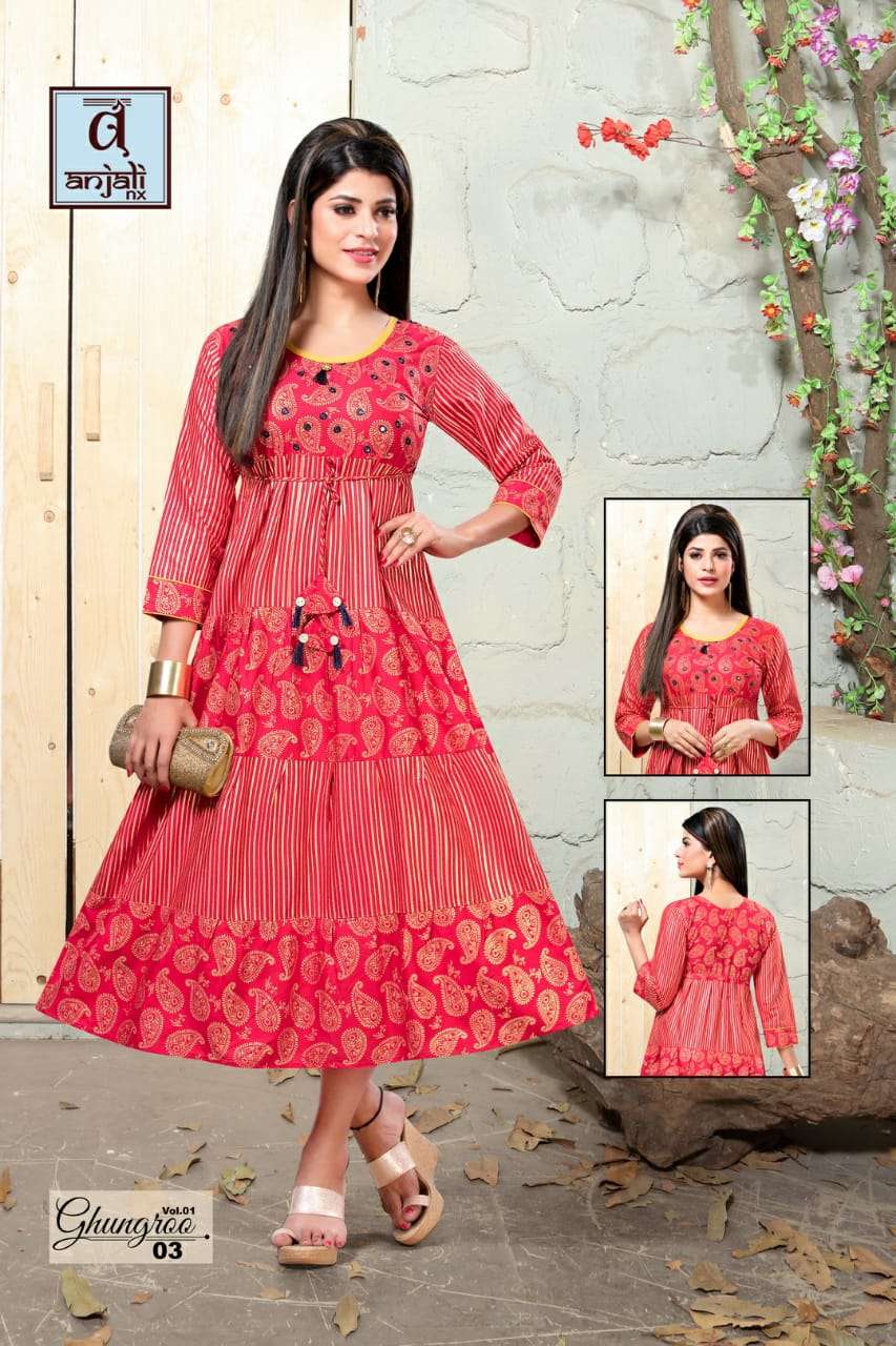 GHUNGROO BY ANJALI NX 01 TO 06 SERIES BEAUTIFUL STYLISH FANCY COLORFUL CASUAL WEAR & ETHNIC WEAR & READY TO WEAR 14 KG RAYON PRINTED KURTIS AT WHOLESALE PRICE