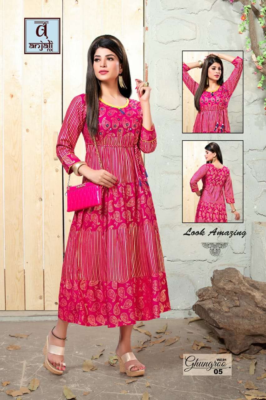 GHUNGROO BY ANJALI NX 01 TO 06 SERIES BEAUTIFUL STYLISH FANCY COLORFUL CASUAL WEAR & ETHNIC WEAR & READY TO WEAR 14 KG RAYON PRINTED KURTIS AT WHOLESALE PRICE