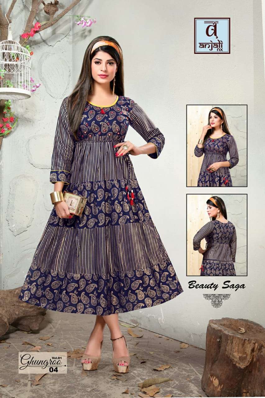 GHUNGROO BY ANJALI NX 01 TO 06 SERIES BEAUTIFUL STYLISH FANCY COLORFUL CASUAL WEAR & ETHNIC WEAR & READY TO WEAR 14 KG RAYON PRINTED KURTIS AT WHOLESALE PRICE