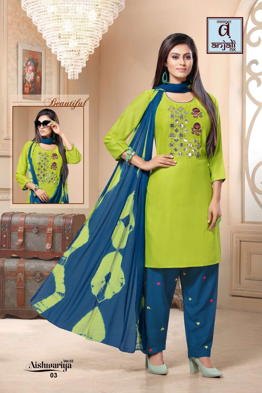 AISHWARIYA VOL-2 BY ANJALI NX 01 TO 07 SERIES BEAUTIFUL PATIYALA SUITS STYLISH FANCY COLORFUL PARTY WEAR & OCCASIONAL WEAR RAYON 14 KG DRESSES AT WHOLESALE PRICE