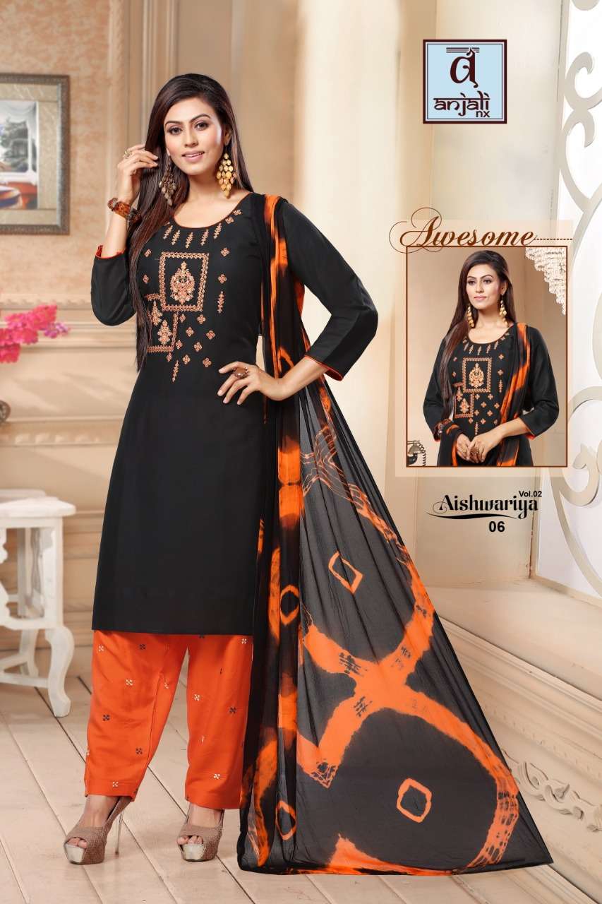 AISHWARIYA VOL-2 BY ANJALI NX 01 TO 07 SERIES BEAUTIFUL PATIYALA SUITS STYLISH FANCY COLORFUL PARTY WEAR & OCCASIONAL WEAR RAYON 14 KG DRESSES AT WHOLESALE PRICE