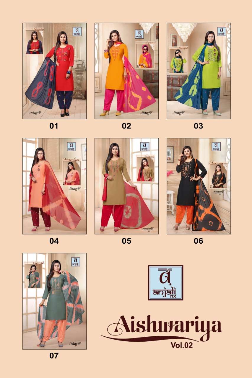 AISHWARIYA VOL-2 BY ANJALI NX 01 TO 07 SERIES BEAUTIFUL PATIYALA SUITS STYLISH FANCY COLORFUL PARTY WEAR & OCCASIONAL WEAR RAYON 14 KG DRESSES AT WHOLESALE PRICE