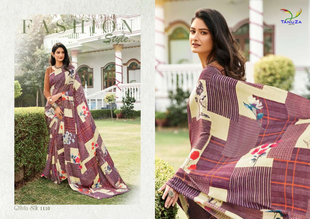 OLIVIA SILK BY TANUZA FASHION 1110 TO 1120 SERIES INDIAN TRADITIONAL WEAR COLLECTION BEAUTIFUL STYLISH FANCY COLORFUL PARTY WEAR & OCCASIONAL WEAR SILK CREPE DIGITAL PRINT SAREES AT WHOLESALE PRICE